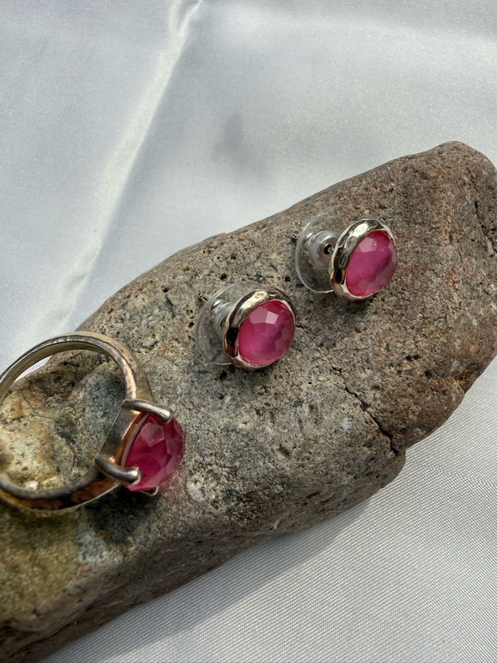 Ippolita Pink Faceted Stone Stud Earrings and Ring Set - Silver Tone
